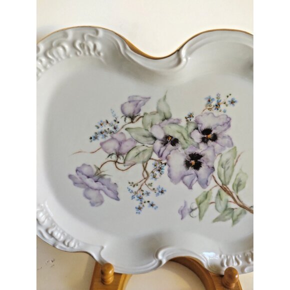Hand Painted Clematis Flower Serving Platter with Gold Accents Artist Signed - Picture 9 of 12